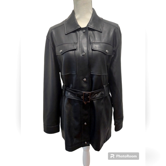 REBECCA MINKOFF Black Faux Leather‎ Jacket with belt size M - Picture 1 of 8